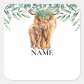 ハイランド牛の赤ちゃんシャワーユーカリ名タグ スクエアシール (正面)