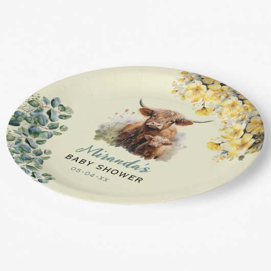 ハイランド牛の赤ちゃんシャワー ペーパープレート (アングル)