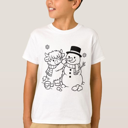ハイランド牛の雪だるま作り Tシャツ (正面)