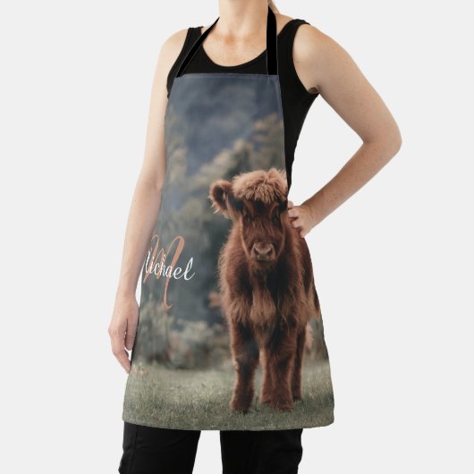 ハイランド牛ふくらはぎ秋の草モノグラムイニシャル エプロン (インサイチュ)