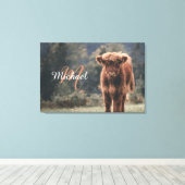 ハイランド牛ふくらはぎ秋の草モノグラムイニシャル キャンバスプリント (インサイチュ (ウッドフロア))