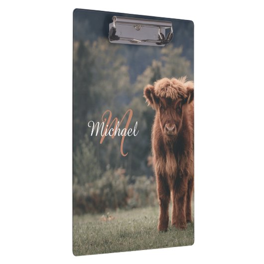 ハイランド牛ふくらはぎ秋の草モノグラムイニシャル クリップボード (右)