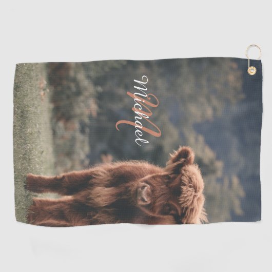 ハイランド牛ふくらはぎ秋の草モノグラムイニシャル ゴルフタオル (横)