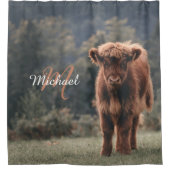 ハイランド牛ふくらはぎ秋の草モノグラムイニシャル シャワーカーテン (正面)