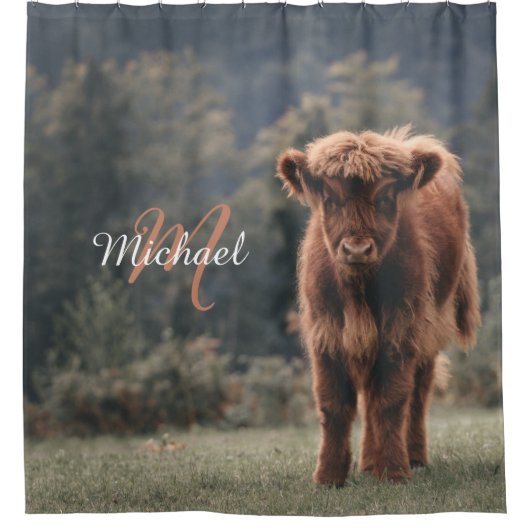 ハイランド牛ふくらはぎ秋の草モノグラムイニシャル シャワーカーテン (正面)