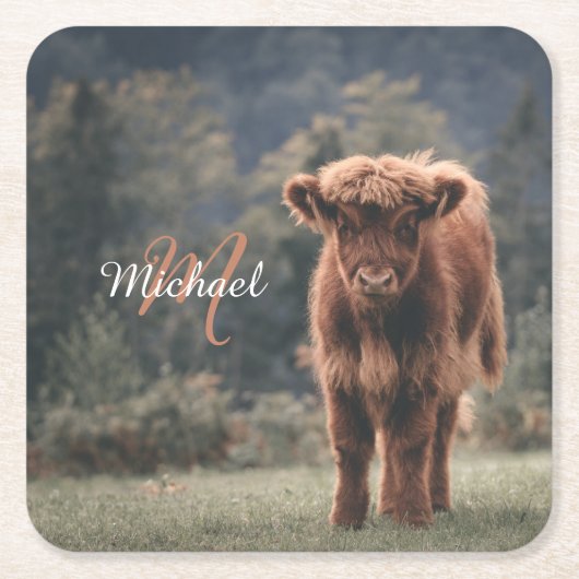 ハイランド牛ふくらはぎ秋の草モノグラムイニシャル スクエアペーパーコースター (正面)