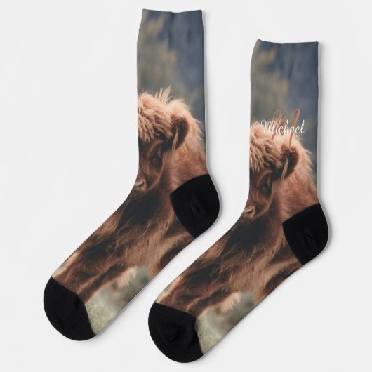 ハイランド牛ふくらはぎ秋の草モノグラムイニシャル ソックス (左)