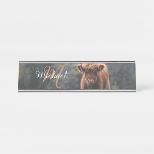ハイランド牛ふくらはぎ秋の草モノグラムイニシャル デスクネームプレート (正面)