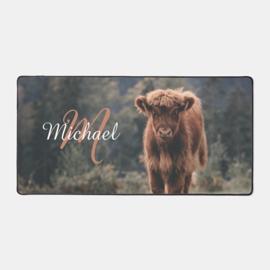 ハイランド牛ふくらはぎ秋の草モノグラムイニシャル デスクマット (正面)