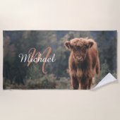 ハイランド牛ふくらはぎ秋の草モノグラムイニシャル ビーチタオル (正面)