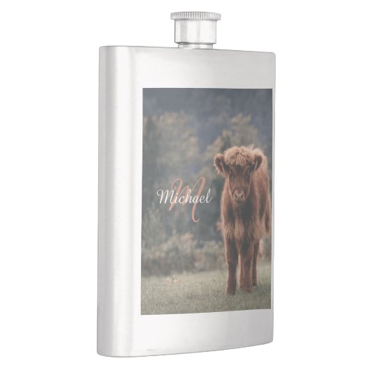 ハイランド牛ふくらはぎ秋の草モノグラムイニシャル フラスク (右)