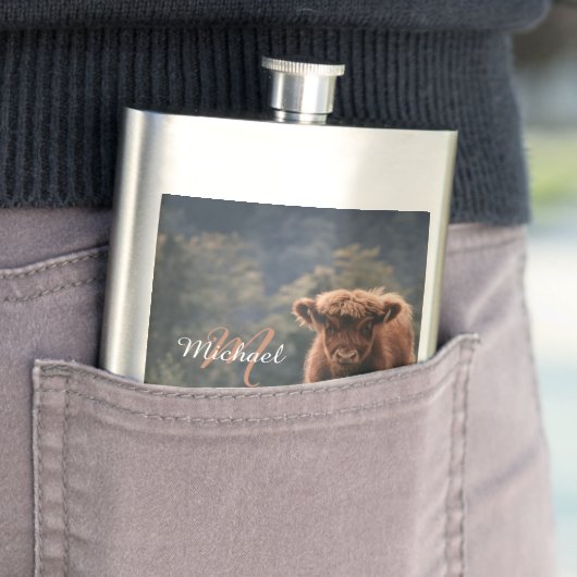 ハイランド牛ふくらはぎ秋の草モノグラムイニシャル フラスク (インサイチュ)