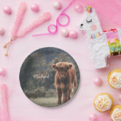 ハイランド牛ふくらはぎ秋の草モノグラムイニシャル ペーパープレート (パーティー)