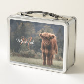 ハイランド牛ふくらはぎ秋の草モノグラムイニシャル メタルランチボックス (裏面)