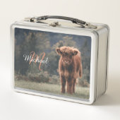 ハイランド牛ふくらはぎ秋の草モノグラムイニシャル メタルランチボックス (正面)