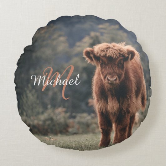ハイランド牛ふくらはぎ秋の草モノグラムイニシャル ラウンドクッション (正面)