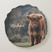 ハイランド牛ふくらはぎ秋の草モノグラムイニシャル ラウンドクッション (裏面)