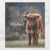 ハイランド牛ふくらはぎ秋の草モノグラムイニシャル ワインラベル (シングルラベル)