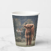 ハイランド牛ふくらはぎ秋の草モノグラムイニシャル 紙コップ (正面)