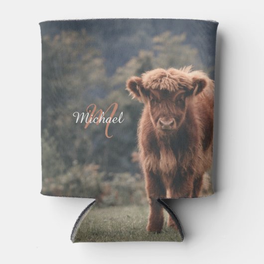 ハイランド牛ふくらはぎ秋の草モノグラムイニシャル 缶クーラー (正面)