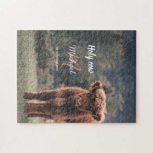 ハイランド牛カーフモノグラム最初の誕生日パーティー ジグソーパズル (横)