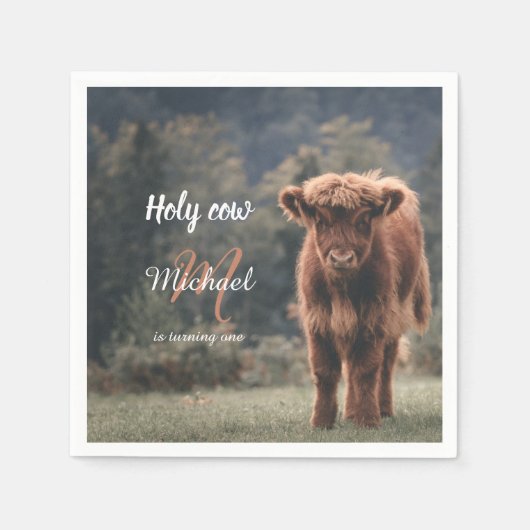 ハイランド牛カーフモノグラム最初の誕生日パーティー スタンダードカクテルナプキン (正面)