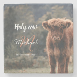 ハイランド牛カーフモノグラム最初の誕生日パーティー ストーンコースター