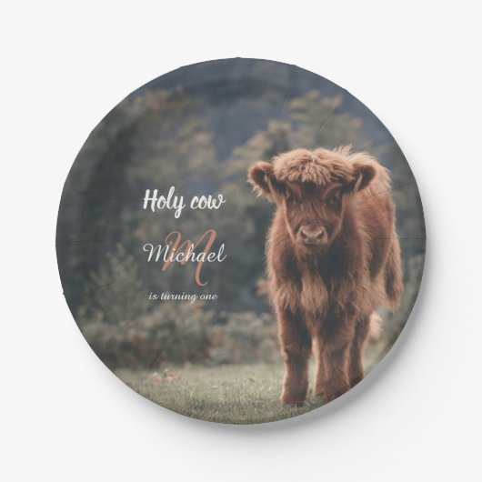 ハイランド牛カーフモノグラム最初の誕生日パーティー ペーパープレート (正面)