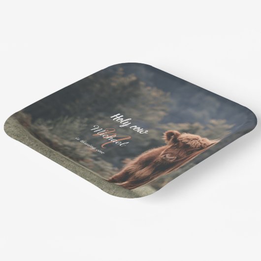 ハイランド牛カーフモノグラム最初の誕生日パーティー ペーパープレート (傾斜あり)