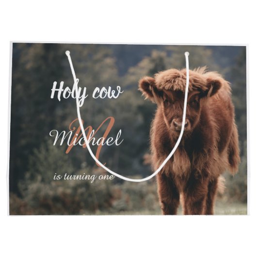 ハイランド牛カーフモノグラム最初の誕生日パーティー ラージペーパーバッグ (裏面)