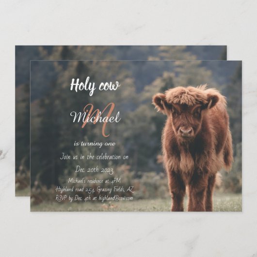 ハイランド牛カーフモノグラム最初の誕生日パーティー 招待状 (正面/裏面)