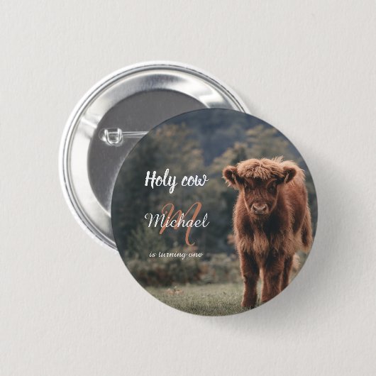 ハイランド牛カーフモノグラム最初の誕生日パーティー 缶バッジ (正面&裏面)