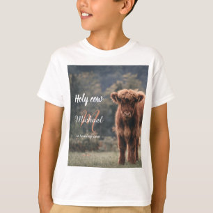 ハイランド牛カーフモノグラム最初の誕生日パーティー Tシャツ