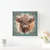 ハイランド牛タータンチェッククラン水色 スクエア壁時計 (ホーム)