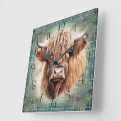 ハイランド牛タータンチェッククラン水色 スクエア壁時計 (傾斜)