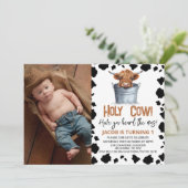 ハイランド牛バケツカウカプリント写真1歳の誕生日 招待状 (スタンド正面)