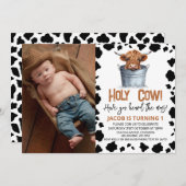 ハイランド牛バケツカウカプリント写真1歳の誕生日 招待状 (正面/裏面)