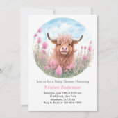 ハイランド牛ピンクの水の色の女の子ベビーシャワー 招待状 (正面)