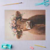 ハイランド牛ピンクの花の冠のデコパージュ 薄葉紙 (クラフト)