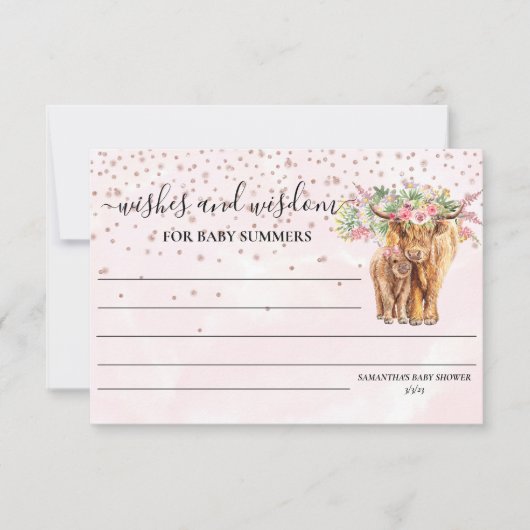ハイランド牛ピンクの赤ちゃんシャワーが知恵を願う 招待状 (正面)