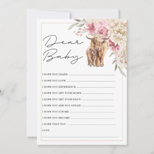 ハイランド牛ピンクフローラ赤ちゃんシャワーのウィッシュカード 招待状 (正面)