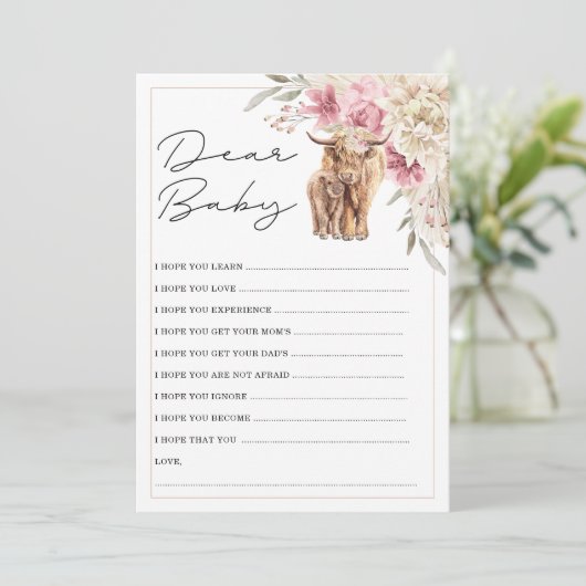ハイランド牛ピンクフローラ赤ちゃんシャワーのウィッシュカード 招待状 (スタンド正面)