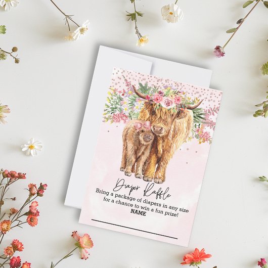 ハイランド牛ピンク赤ちゃんシャワーおむつラッフル 招待状