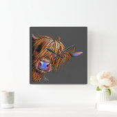 ハイランド牛プリントクロックSuGaR LuMP oN GReY スクエア壁時計 (ホーム)