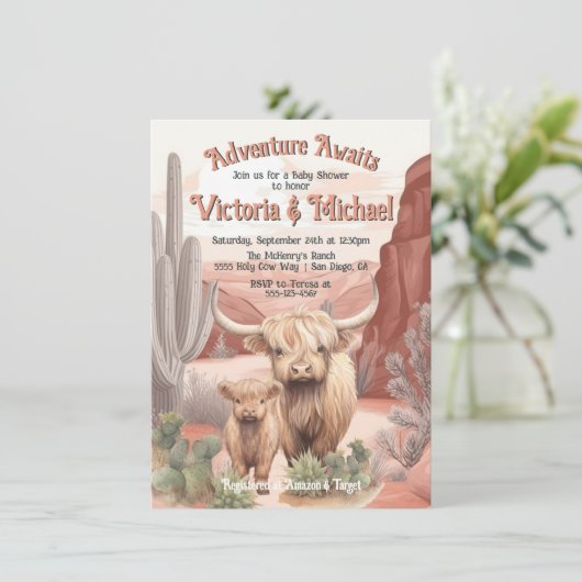 ハイランド牛ベビーとママ赤ちゃんシャワー砂漠 招待状 (スタンド正面)