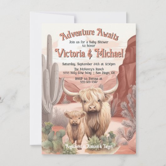 ハイランド牛ベビーとママ赤ちゃんシャワー砂漠 招待状 (正面)
