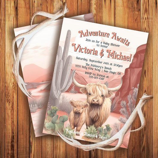 ハイランド牛ベビーとママ赤ちゃんシャワー砂漠 招待状