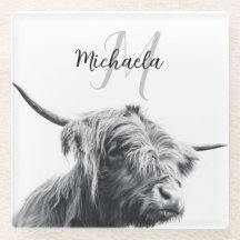 ハイランド牛ポートレートイニシャルモノグラム白黒