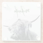 ハイランド牛ポートレートイニシャルモノグラム白黒 ガラスコースター (裏面)