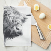 ハイランド牛ポートレートイニシャルモノグラム白黒 キッチンタオル (四つ折り)